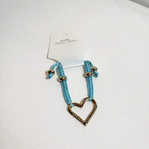 Macrame Bracelet with Heart Charm Blue Wax Cord Gold tone - Picture 6 of 9